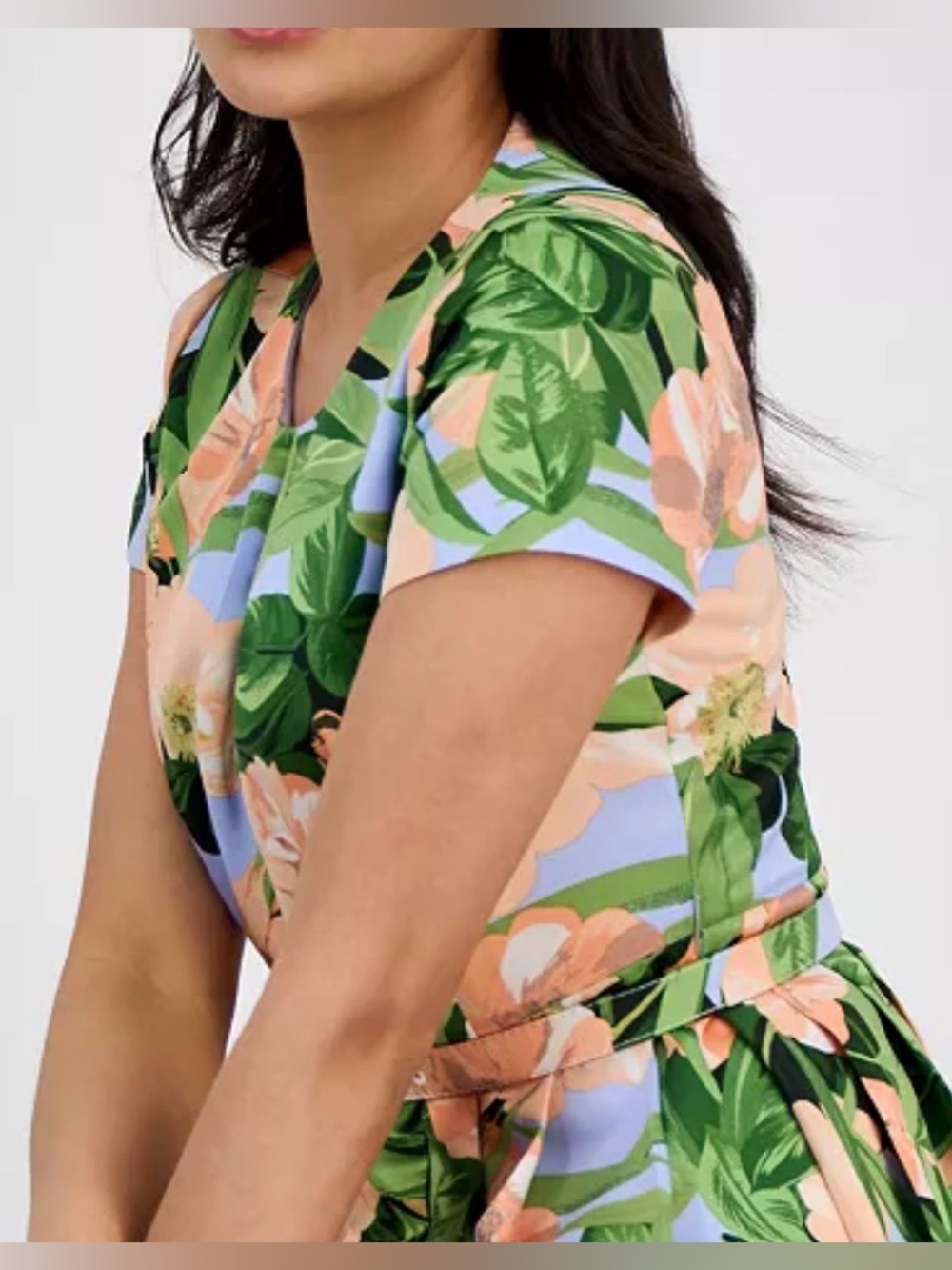 NWT TAHARI ASL Peach Floral Fit-and-Flare Dress with Blue Base - Picture 2 of 8